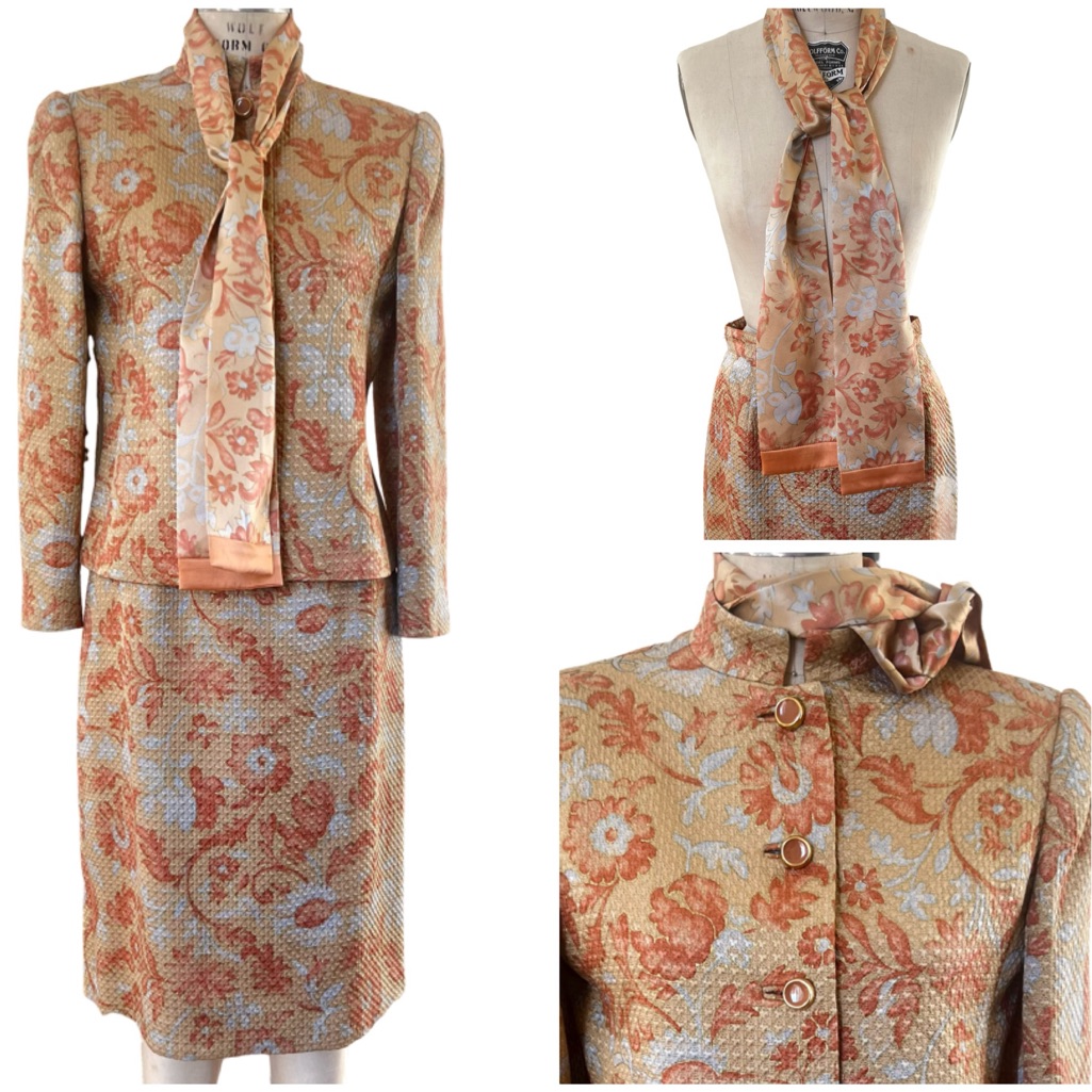 Vintage William Pearson Jacquard Three Piece Suit In Floral Tan Size 6